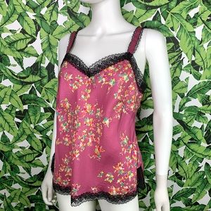 Y2K Silk Nine West Cami Women's Size 12 Floral Black Lace Trim 2000's Top